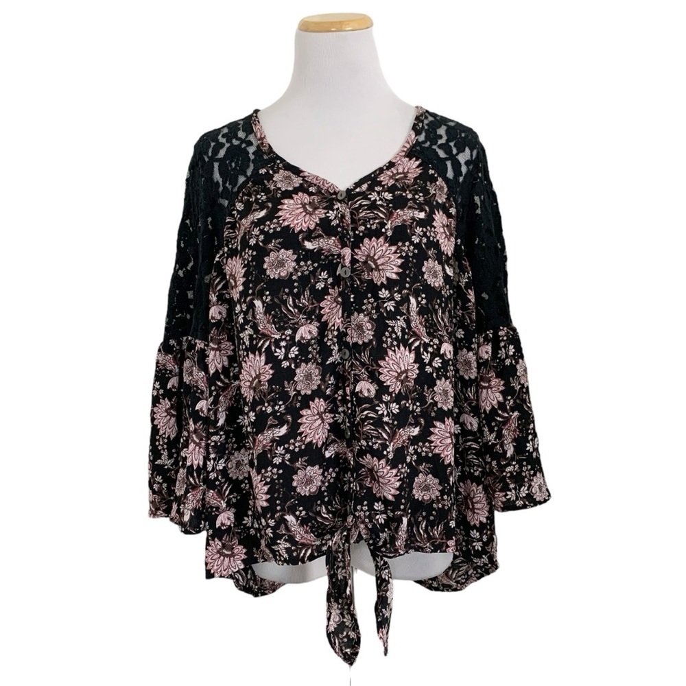 Knox Rose Floral Peasant V Neck Blouson Top Women’s L Lace Bell Sleeve